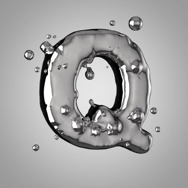 3D Merkür harf Q büyük harf. 3D render sıvı metal yazı tipiyle damla.