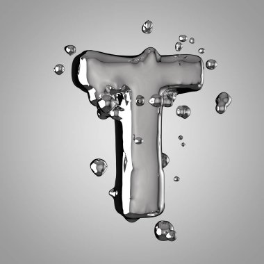 3D Merkür mektup T büyük harf. 3D render sıvı metal yazı tipiyle damla.