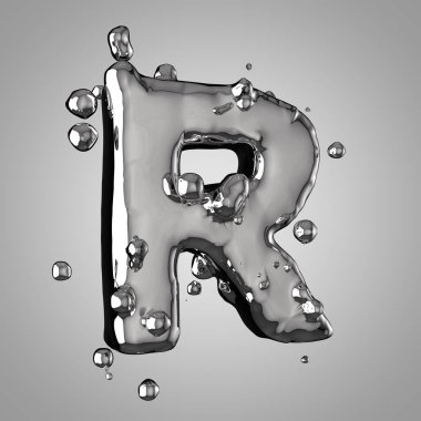 3D Merkür harf R büyük. 3D render sıvı metal yazı tipiyle damla.