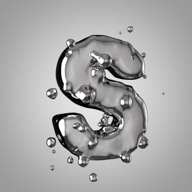 3D Merkür harf büyük harf S. 3D render sıvı metal yazı tipiyle damla.