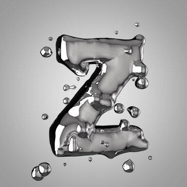 3D Merkür harf büyük harf Z. 3D render sıvı metal yazı tipiyle damla.