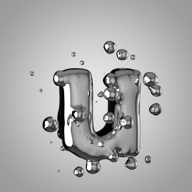 3D Merkür U harfi küçük. 3D render sıvı metal yazı tipiyle damla.