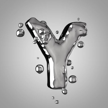 3D Merkür harf büyük harf Y. 3D render sıvı metal yazı tipiyle damla.