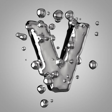 3D Merkür harf büyük harf V. 3D render sıvı metal yazı tipiyle damla.
