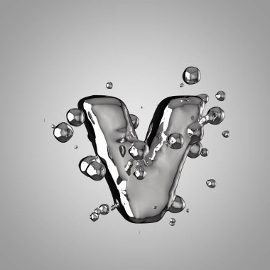 3D Merkür harf V küçük. 3D render sıvı metal yazı tipiyle damla.