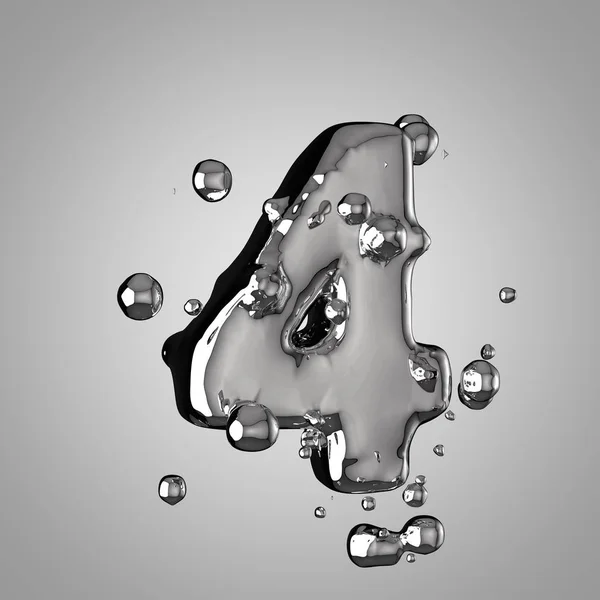 3D mercury number 4. 3D rendering liquid metal font with drops.
