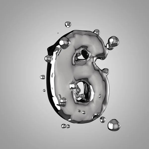 3D mercury number 6. 3D rendering liquid metal font with drops.