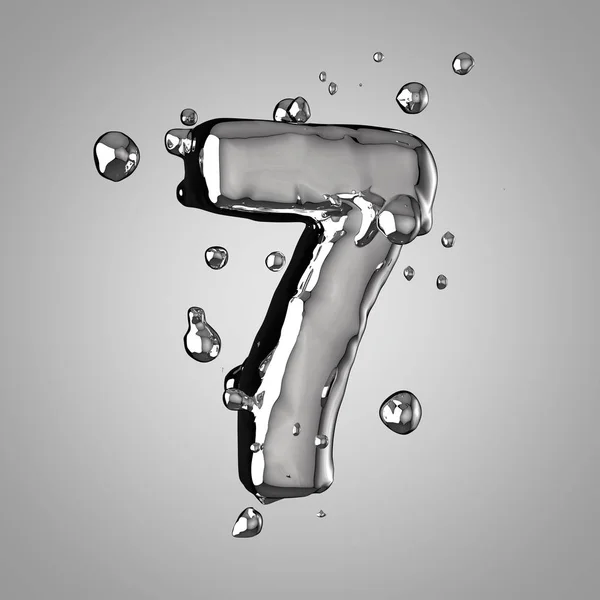 3D mercury number 7. 3D rendering liquid metal font with drops.