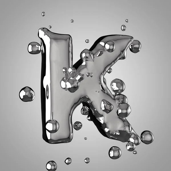 3D mercury letter K uppercase. 3D rendering liquid metal font with drops.