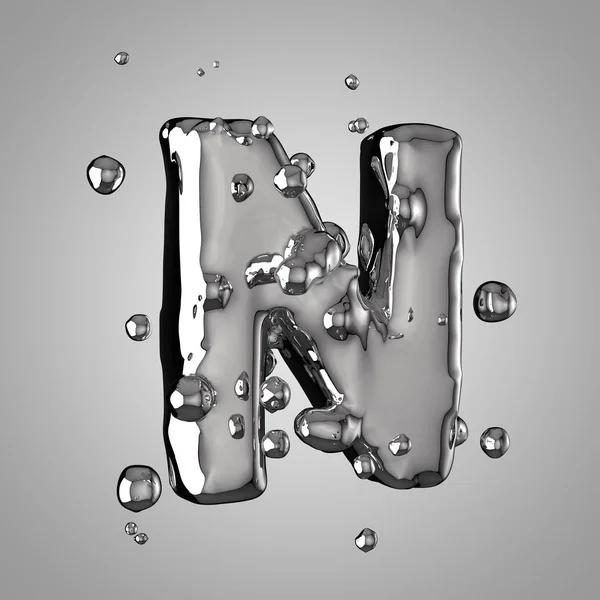 3D mercury letter N uppercase. 3D rendering liquid metal font with drops.