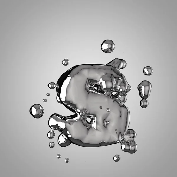 3D mercury letter S lowercase. 3D rendering liquid metal font with drops.