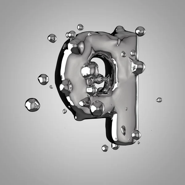3D mercury letter Q lowercase. 3D rendering liquid metal font with drops.