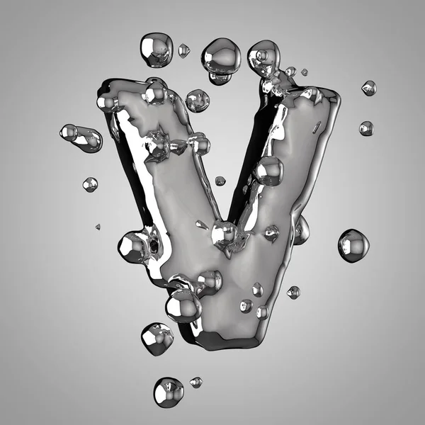 3D Merkür harf büyük harf V. 3D render sıvı metal yazı tipiyle damla.