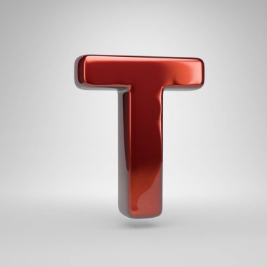 3D mektup T büyük harf. Beyaz arka plan üzerinde izole kırmızı parlak metalik mektup