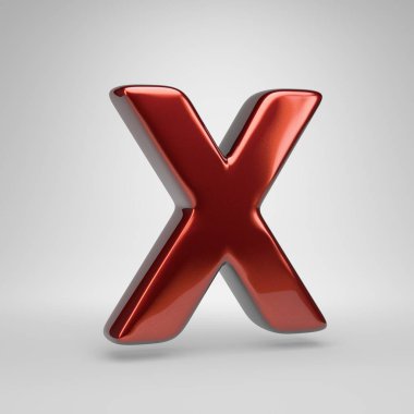 3D harf X büyük harf. Beyaz arka plan üzerinde izole kırmızı parlak metalik mektup