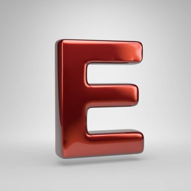3D harf E büyük harf. Beyaz arka plan üzerinde izole kırmızı parlak metalik mektup