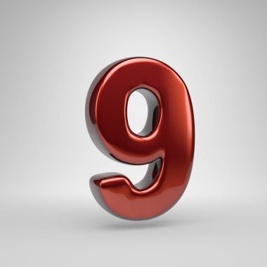 3D number 9. Red glossy metallic letter isolated on white background