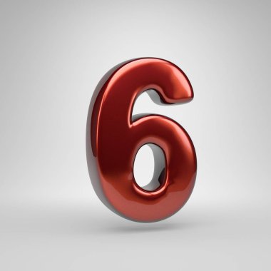 3D sayısı 6. Beyaz arka plan üzerinde izole kırmızı parlak metalik mektup