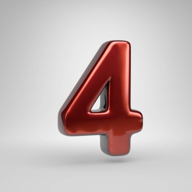3D sayı 4. Beyaz arka plan üzerinde izole kırmızı parlak metalik mektup