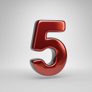 3D sayı 5. Beyaz arka plan üzerinde izole kırmızı parlak metalik mektup