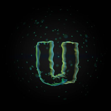 Mikroskobik harf U küçük. siyah arka plan üzerine izole küçük parçacıklar ile 3D render nano yazı tipi