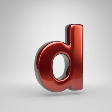 3D letter D lowercase. Red glossy metallic letter isolated on white background