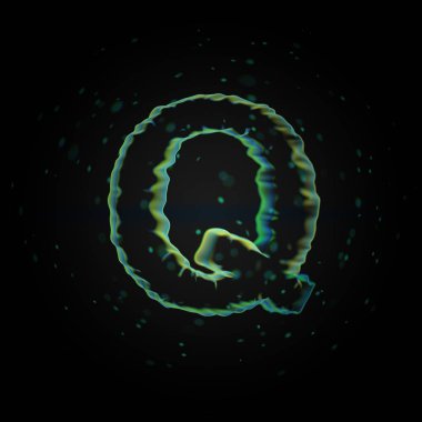 Mikroskobik harf Q büyük harf. siyah arka plan üzerine izole küçük parçacıklar ile 3D render nano yazı tipi