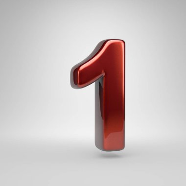 3D number 1. Red glossy metallic letter isolated on white background