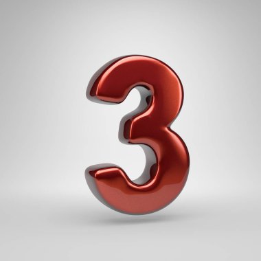 3D sayısı 3. Beyaz arka plan üzerinde izole kırmızı parlak metalik mektup