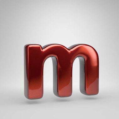 3D harf M küçük. Beyaz arka plan üzerinde izole kırmızı parlak metalik mektup