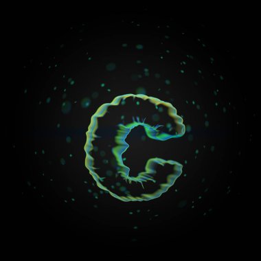 Mikroskobik harf C küçük. siyah arka plan üzerine izole küçük parçacıklar ile 3D render nano yazı tipi