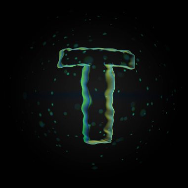 Mikroskobik mektup T büyük harf. siyah arka plan üzerine izole küçük parçacıklar ile 3D render nano yazı tipi