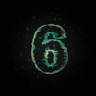 Mikroskobik sayısı 6. siyah arka plan üzerine izole küçük parçacıklar ile 3D render nano yazı tipi