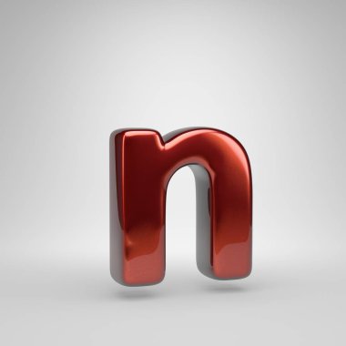 3D N harfi küçük. Beyaz arka plan üzerinde izole kırmızı parlak metalik mektup