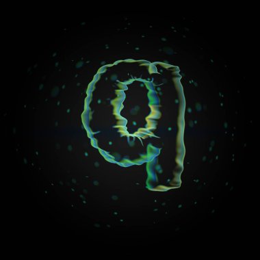 Mikroskobik harf Q küçük. siyah arka plan üzerine izole küçük parçacıklar ile 3D render nano yazı tipi