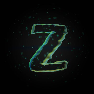 Mikroskobik harf büyük harf Z. siyah arka plan üzerine izole küçük parçacıklar ile 3D render nano yazı tipi