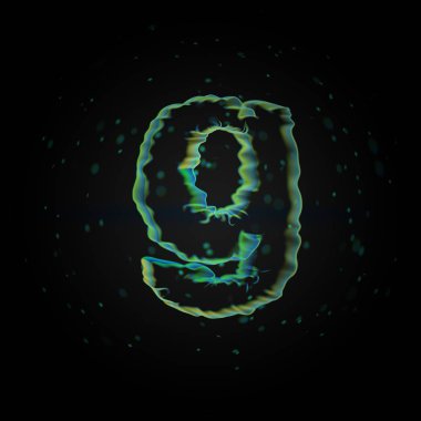 Mikroskobik harf G küçük. siyah arka plan üzerine izole küçük parçacıklar ile 3D render nano yazı tipi