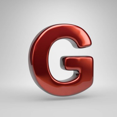 3D letter G uppercase. Red glossy metallic letter isolated on white background