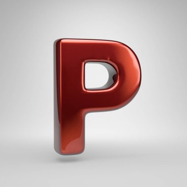 3D büyük P harfi. Beyaz arka plan üzerinde izole kırmızı parlak metalik mektup
