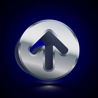 3D stilize ok yukarı simgesi. Parlak gümüş vektör simgesi. Gölge ile koyu arka plan üzerinde illüstrasyon izole hacimsel sembolü.