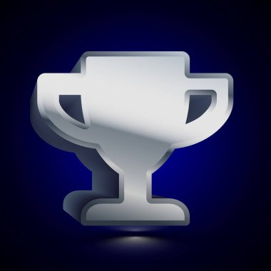 3D stilize kazanan Kupası simgesi. Parlak gümüş vektör simgesi. Gölge ile koyu arka plan üzerinde illüstrasyon izole hacimsel sembolü.