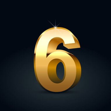 Vektörü altın sayı 6. Siyah arka plan üzerine izole parlak altın yazı tipi