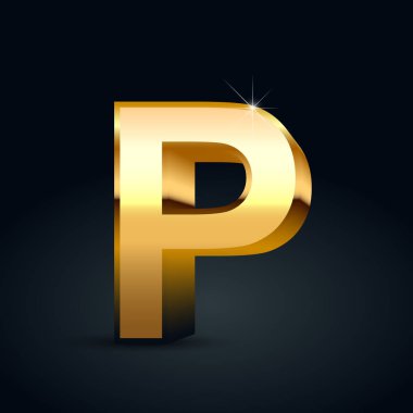 Vektör altın harf P büyük harf. Siyah arka plan üzerine izole parlak altın yazı tipi