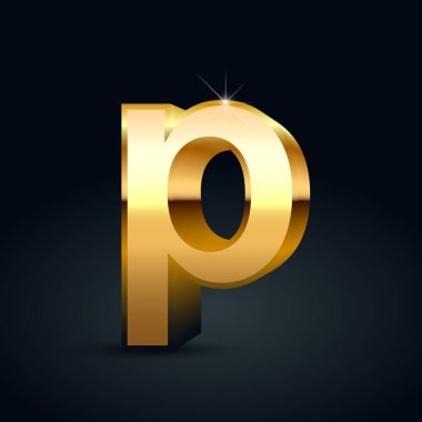 Vektör altın harf P küçük. Siyah arka plan üzerine izole parlak altın yazı tipi