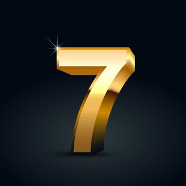 Vektörü altın sayı 7. Siyah arka plan üzerine izole parlak altın yazı tipi