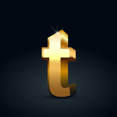 Vektör altın harf T küçük. Siyah arka plan üzerine izole parlak altın yazı tipi