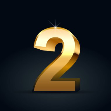 Vektörü altın sayı 2. Siyah arka plan üzerine izole parlak altın yazı tipi
