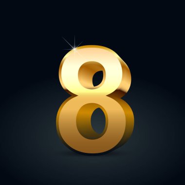 Vektör altın sayı 8. Siyah arka plan üzerine izole parlak altın yazı tipi