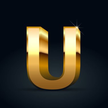 Vektör altın harf U büyük harf. Siyah arka plan üzerine izole parlak altın yazı tipi