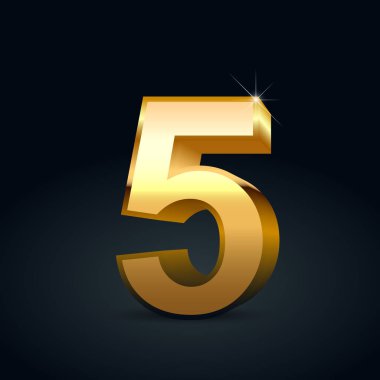 Vektör altın sayı 5. Siyah arka plan üzerine izole parlak altın yazı tipi